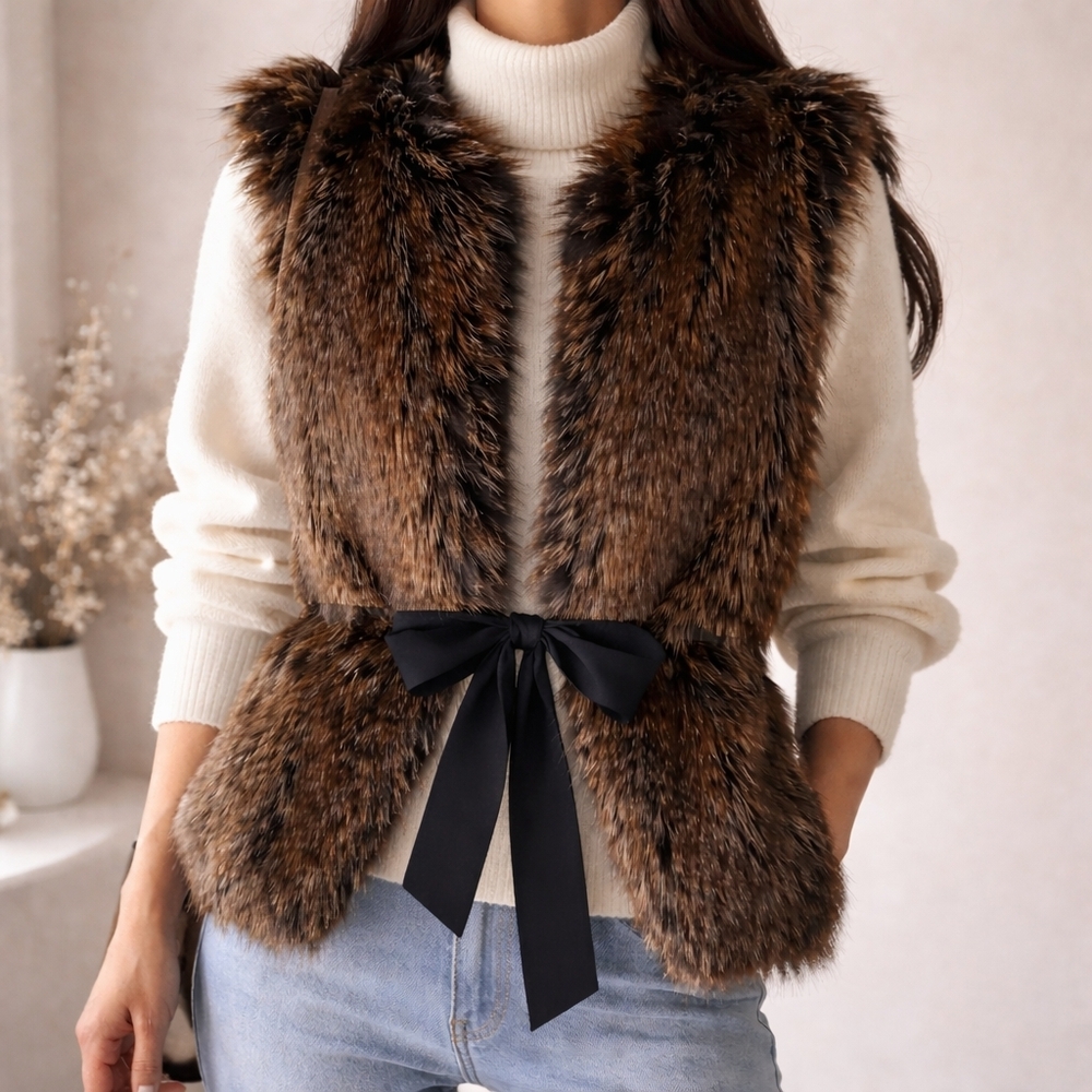 Vest Faux Fur Whimsy Black Tie Medium